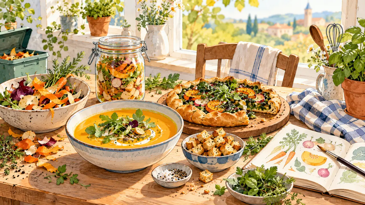 Ingrédients de saison et restes de cuisine prêts à devenir une nouvelle recette