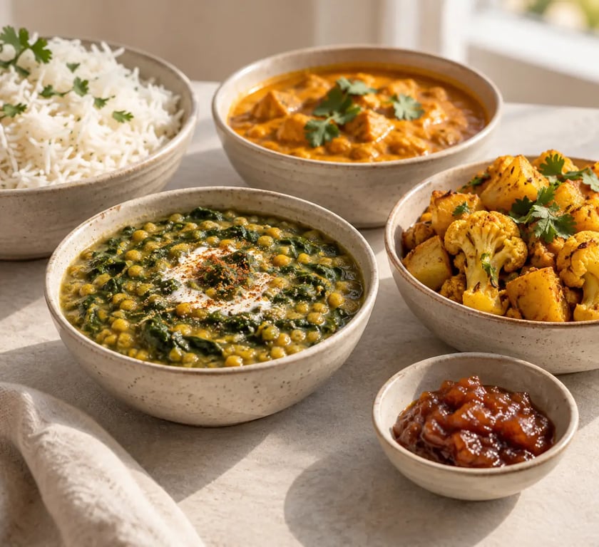 Recette de cuisine indienne avec dal, aloo gobi, curry et riz basmati