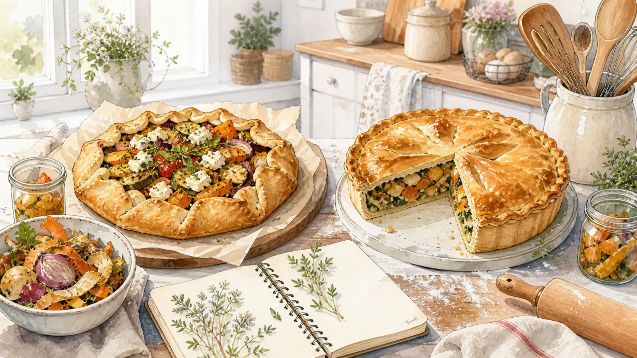 Illustration aquarelle d’une tarte rustique et d’une tourte posées sur une table en bois, ambiance de cuisine chaleureuse