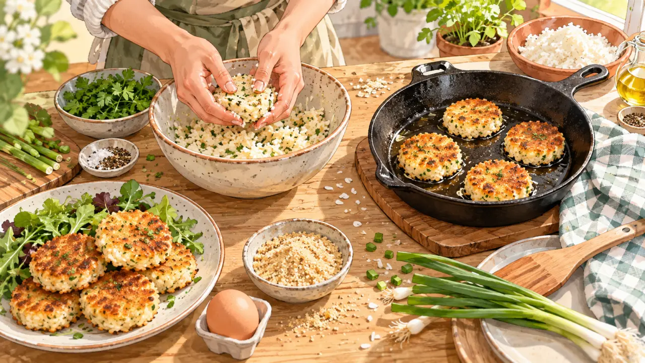 Galettes dorées préparées avec un reste de riz, servies avec des herbes fraîches
