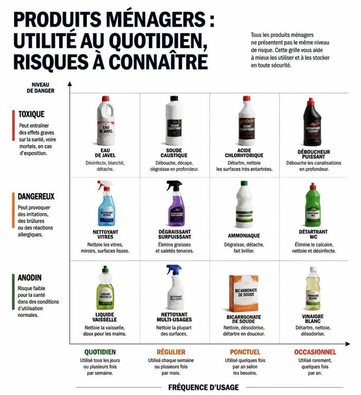 Matrice de rangement des produits ménagers selon fréquence d'usage et niveau de danger