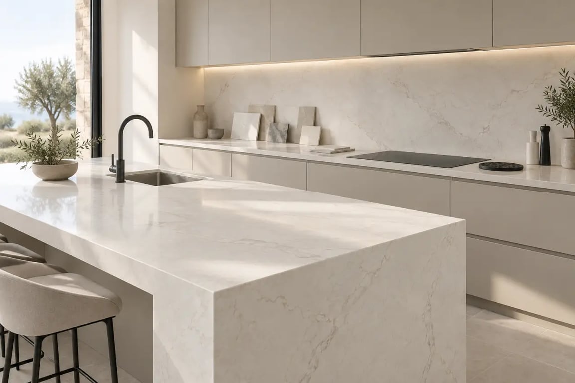 Plan de travail quartz sur mesure avec échantillons de teintes dans une cuisine