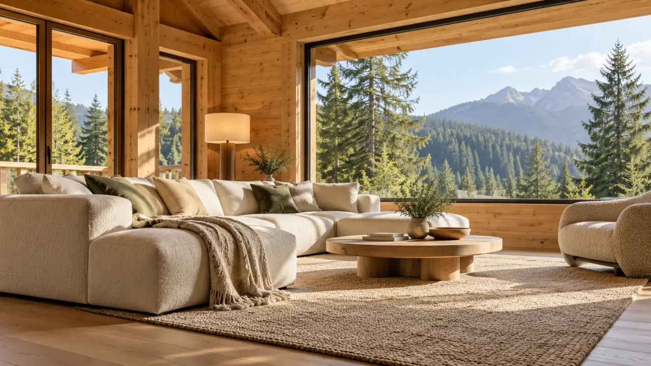 Décoration intérieur chalet bois avec salon chaleureux, textiles naturels et lumière douce