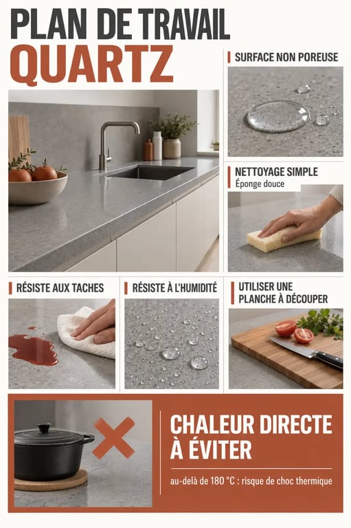 Infographie sur les précautions et propriétés d’un plan de travail quartz