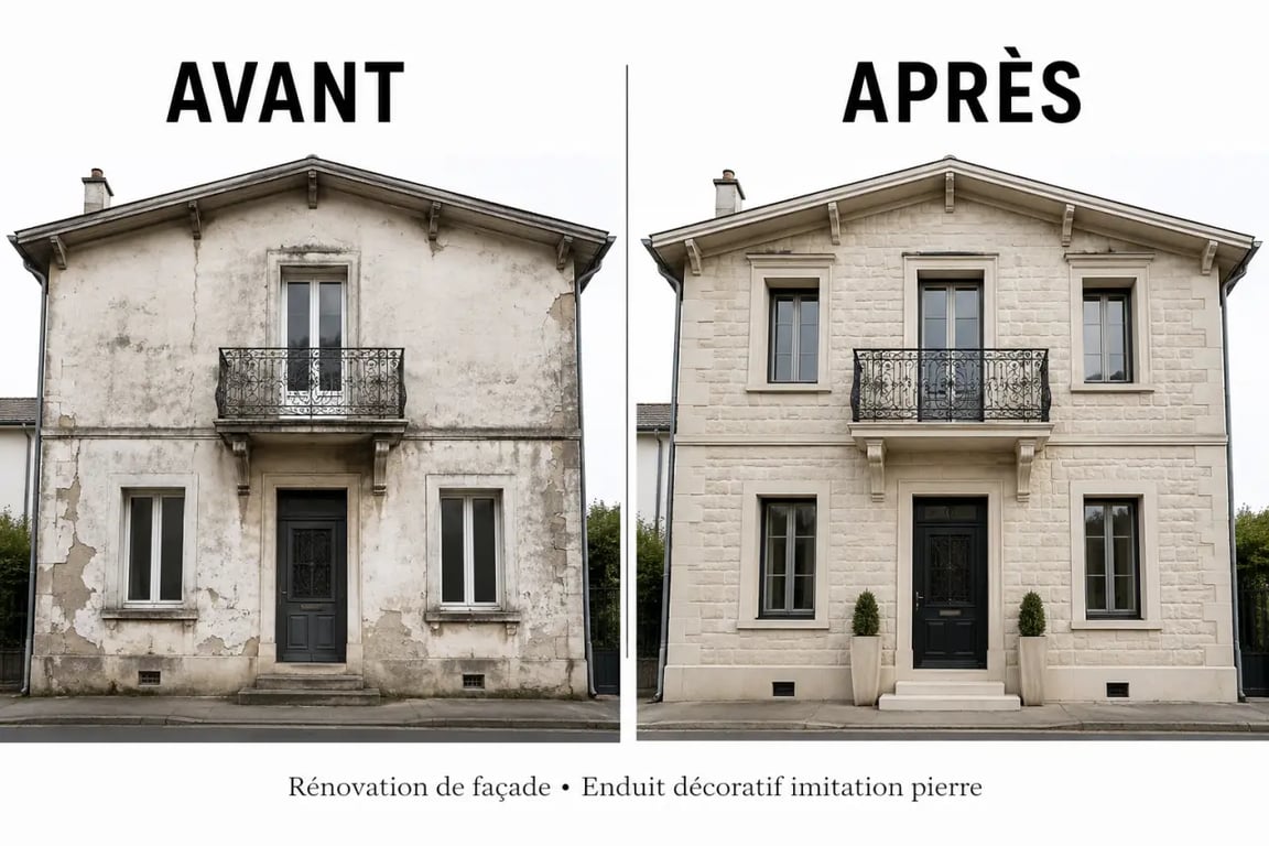 Batievol.fr décoration : façade rénovée avec enduit décoratif imitant la pierre, avant/après sur maison contemporaine