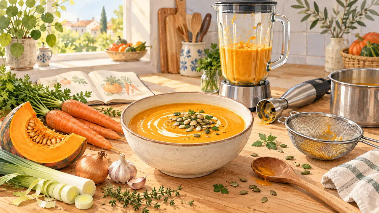 Velouté de légumes maison dans un bol, avec des légumes de saison dessinés à l'aquarelle