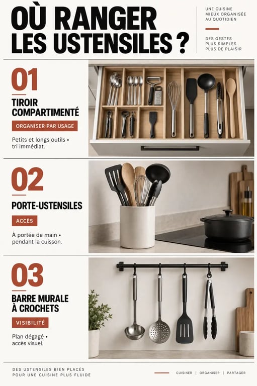 Comparaison visuelle des solutions de range ustensiles cuisine : tiroir, plan de travail et rangement mural