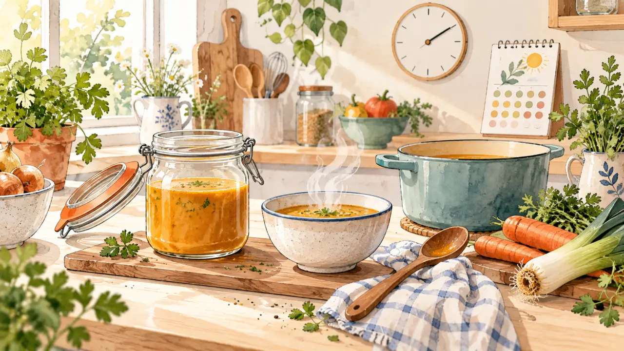 Bol de soupe maison et casserole refroidissant sur une table de cuisine