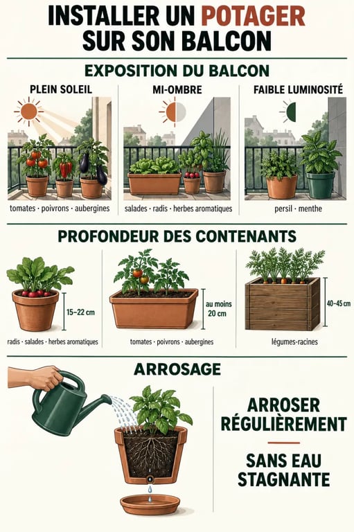Infographie pratique pour organiser un potager balcon selon l’exposition, la profondeur des pots et l’arrosage
