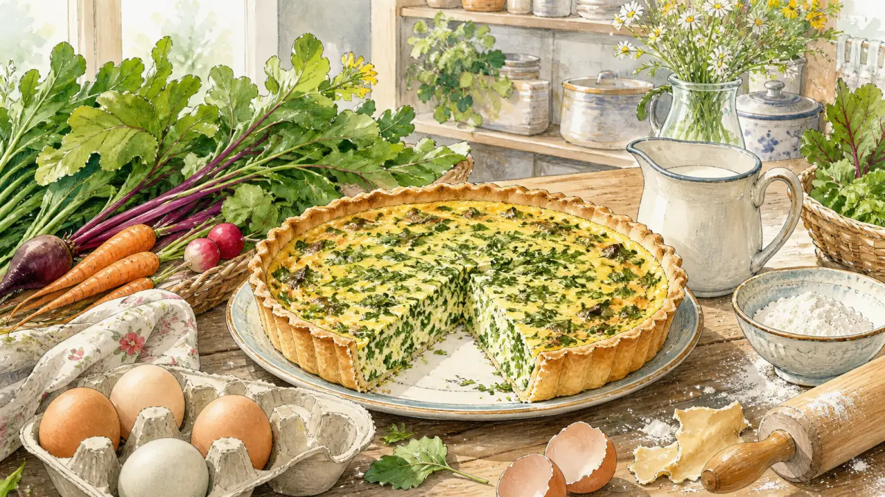 Illustration d’une quiche aux fanes dorée, posée sur une table de cuisine rustique, dans un style aquarelle doux