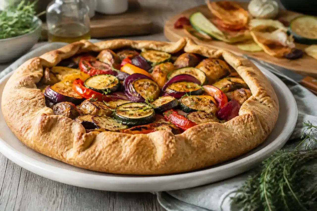 Illustration aquarelle d'une tarte rustique sur une table de cuisine, ambiance maison et saisonnière