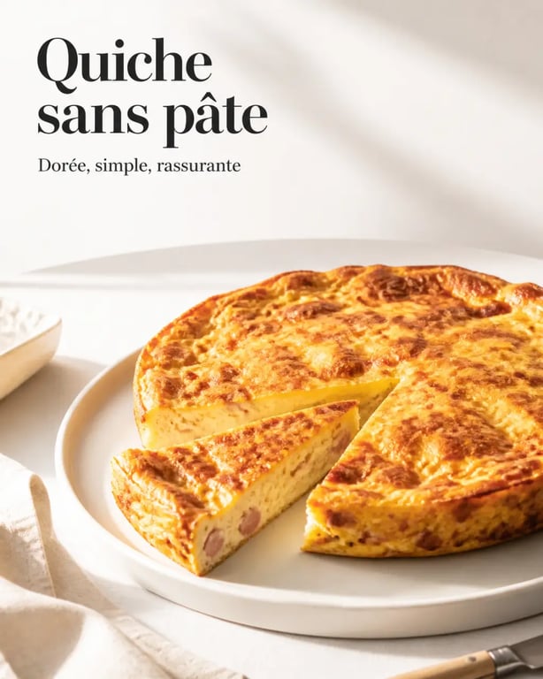 Recettes faciles pour débutants : quiche sans pâte dorée servie en parts sur une table claire