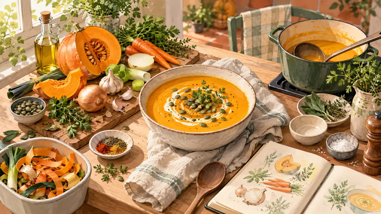 Velouté maison crémeux servi dans un bol, avec légumes de saison et cuillère en bois