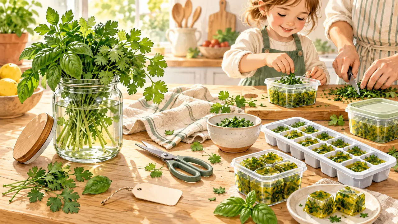 Herbes fraîches, bocal en verre et bouquets de persil sur une table de cuisine