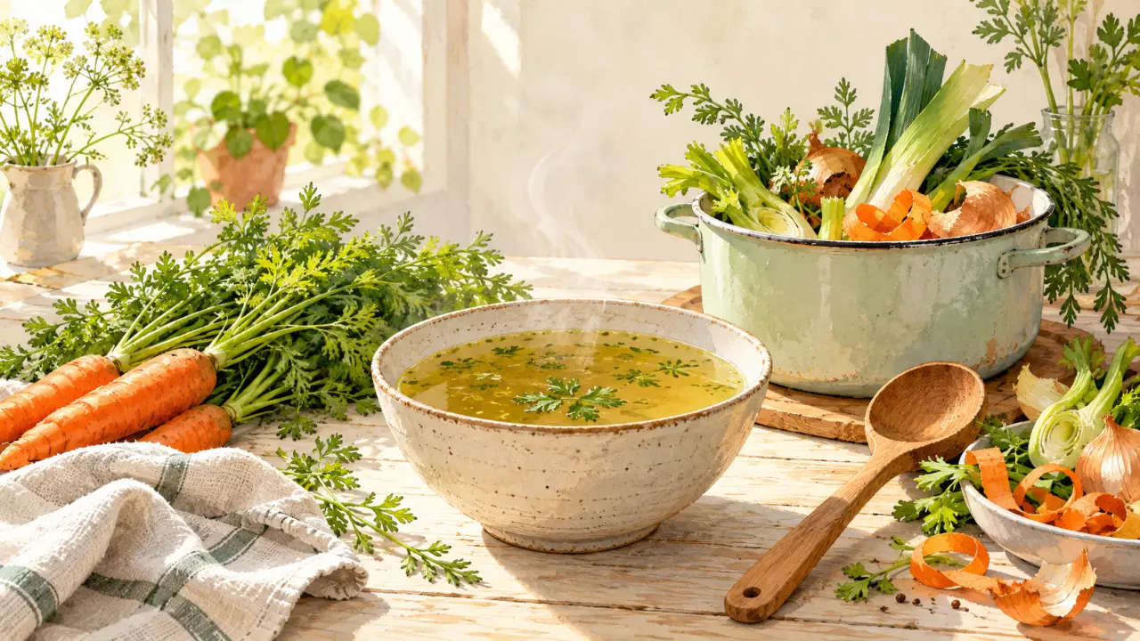 Bouillon de fanes maison dans une casserole avec des légumes frais