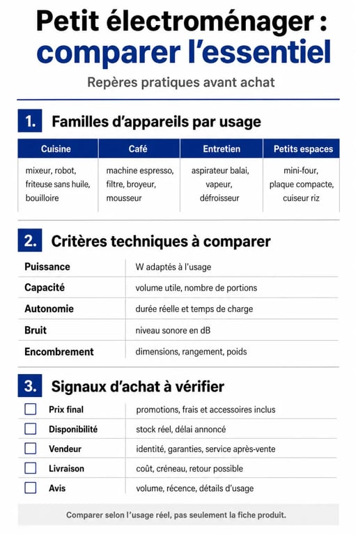 Infographie sur le petit électroménager avec familles d’appareils, critères techniques et repères d’achat