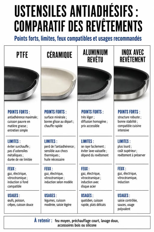 Comparatif des ustensiles de cuisine antiadhésifs selon le revêtement et l’usage