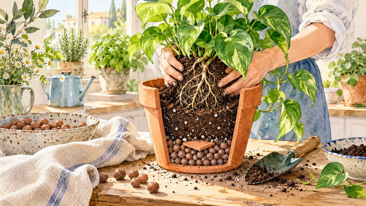 Potées fleuries sur une table en bois, avec du terreau et des billes d’argile