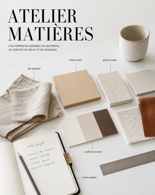 Décoration maison elegancedeco.fr : moodboard de décoratrice avec matières, couleurs et échantillons