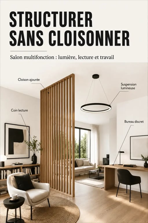 Batievol.fr décoration : salon multifonction avec cloison ajourée, coin lecture et suspension au plafond