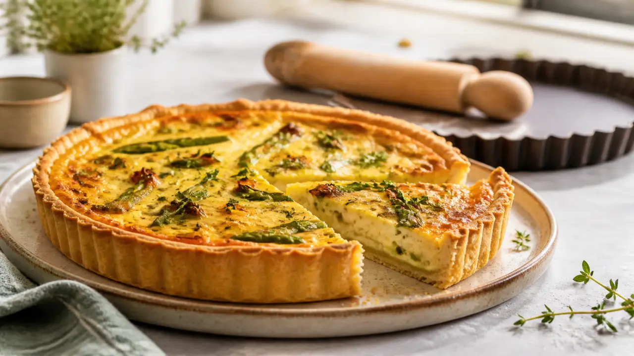 Illustration aquarelle d'une tarte salée maison sur table en bois