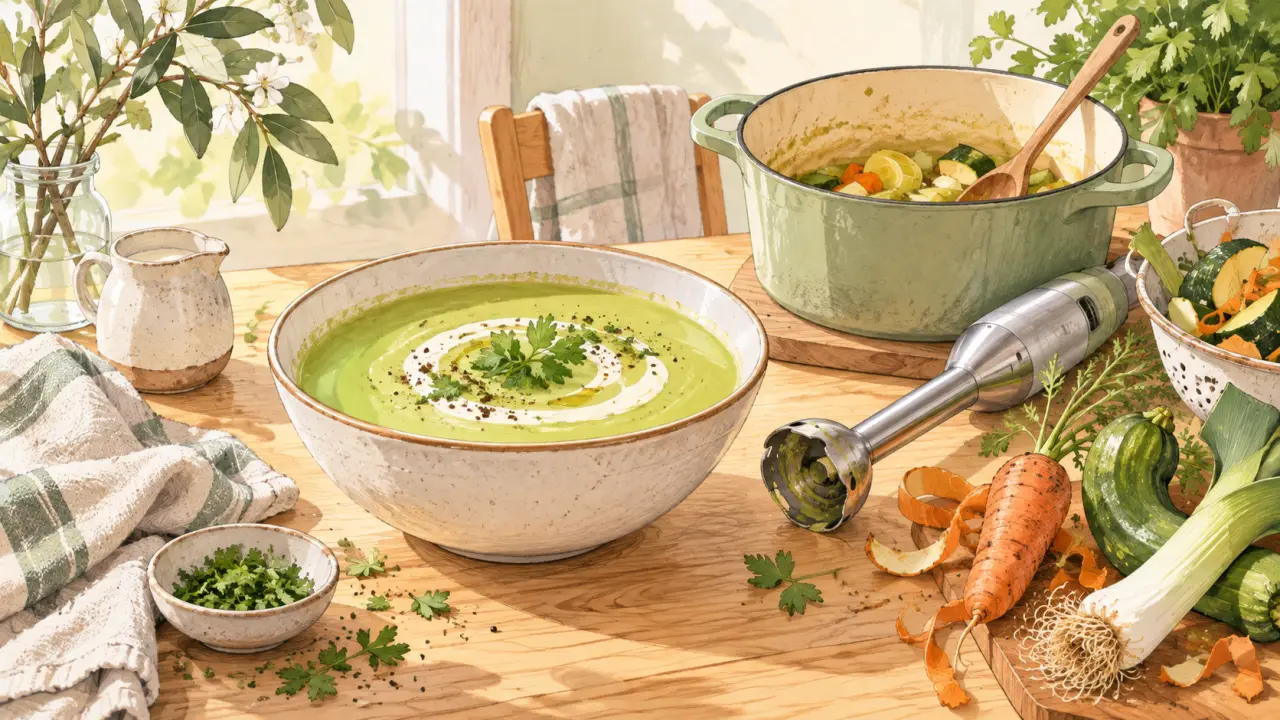 Bol de velouté maison accompagné de légumes et d'herbes fraîches
