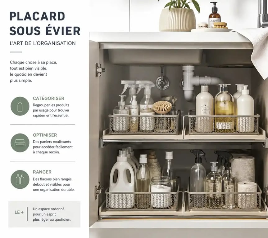 Ranger produits ménagers dans un placard sous évier avec paniers coulissants