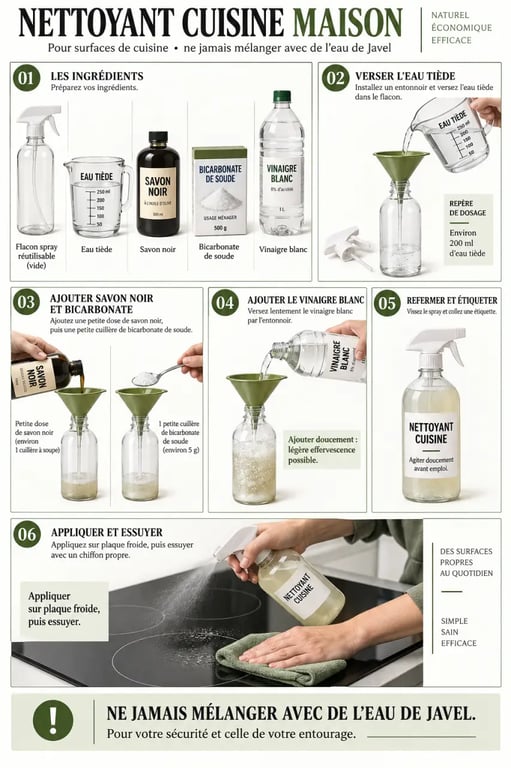 Préparation d’un nettoyant cuisine maison en spray avec savon noir et vinaigre