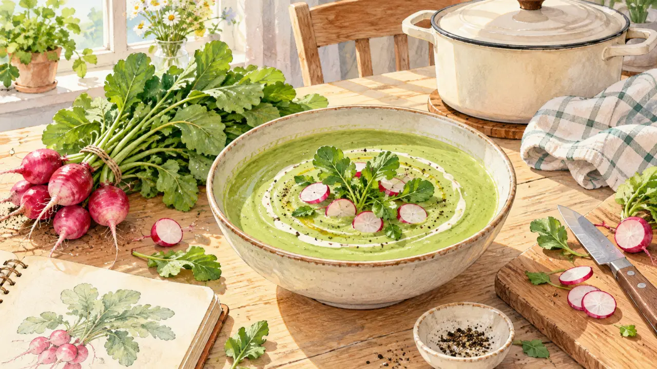 Velouté de fanes de radis dans un bol, avec des radis frais et des herbes sur une table en bois