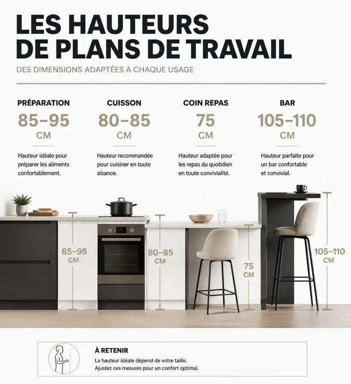 Infographie des hauteurs de plan de travail pour une cuisine batievol.fr