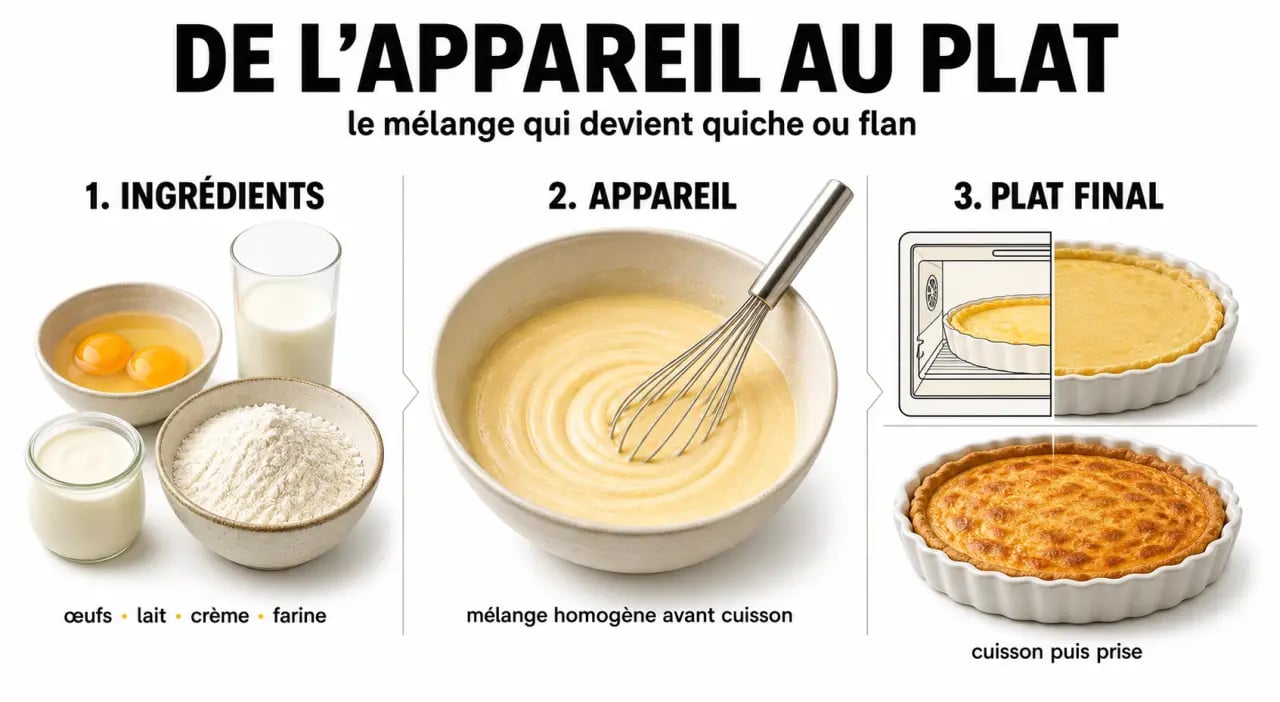 Appareil en cuisine : des ingrédients mélangés avant de devenir une quiche ou un flan