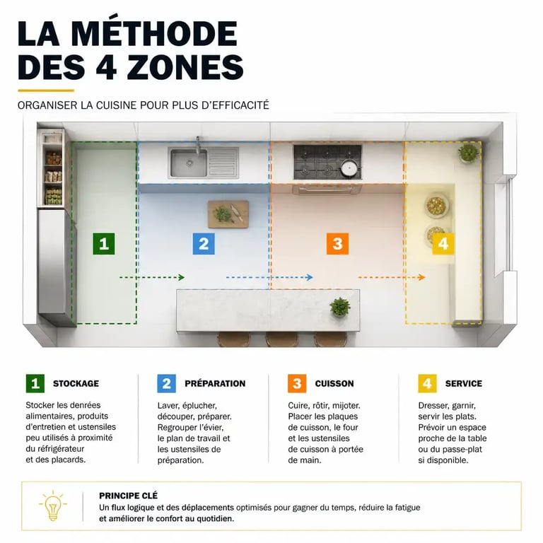 Schéma de la méthode des 4 zones pour organiser la cuisine