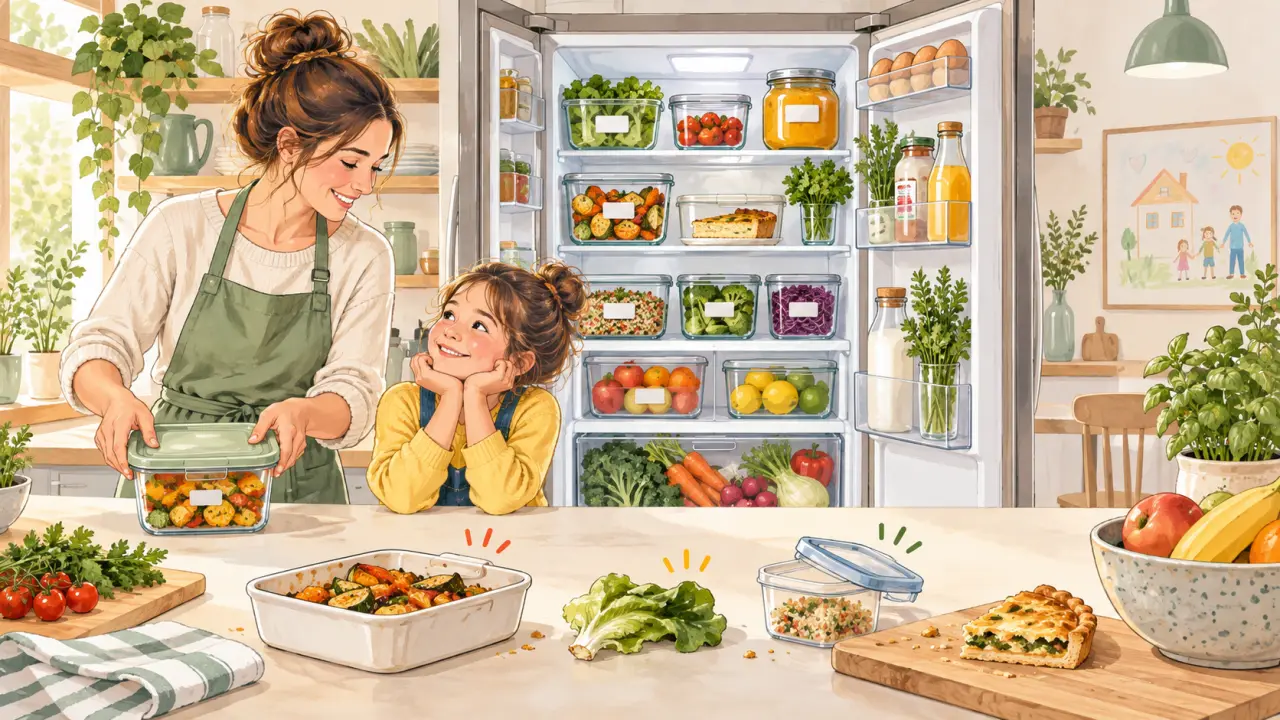 Bocaux et boîtes contenant des restes faits maison dans un réfrigérateur