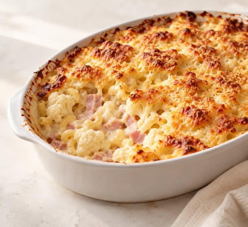 Recettes gourmandes et faciles : gratin de coquillettes, jambon et chou-fleur doré