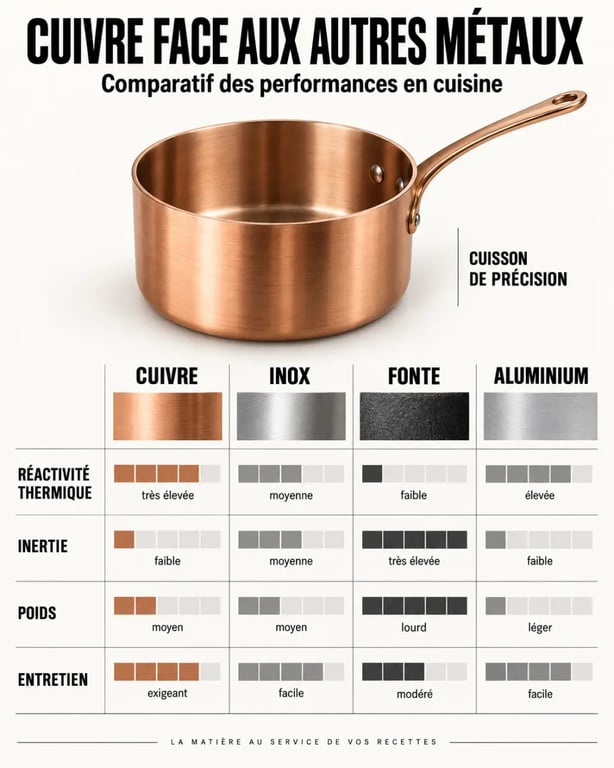 Ustensiles de cuisine en cuivre comparés à l’inox, la fonte et l’aluminium