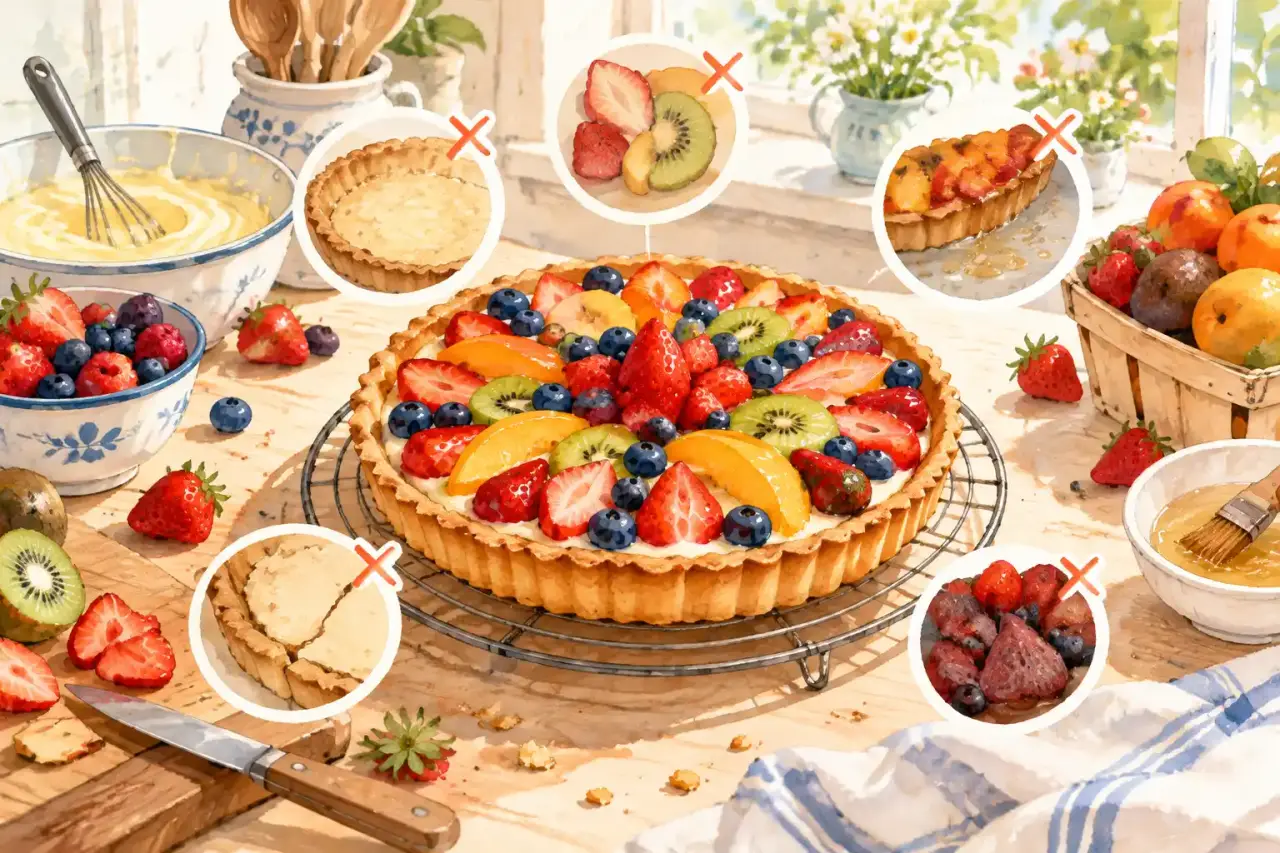 Tarte aux fruits maison posée sur une table en bois, style illustration aquarelle