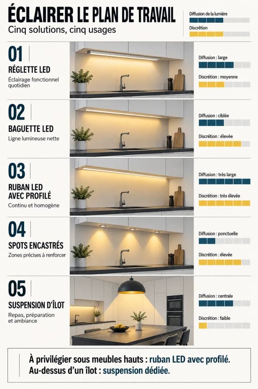 Infographie comparative de solutions d’éclairage pour plan de travail cuisine