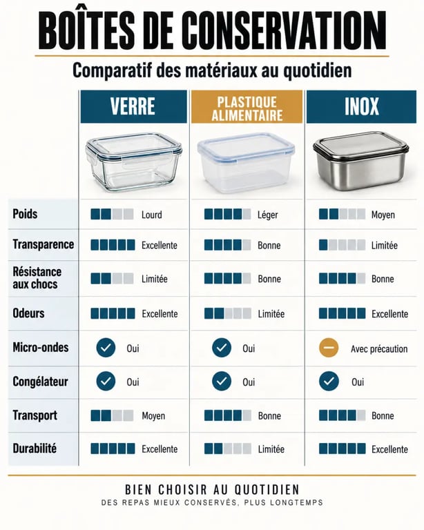 Infographie comparative des matières pour une boite conservation aliment : verre, plastique alimentaire et inox