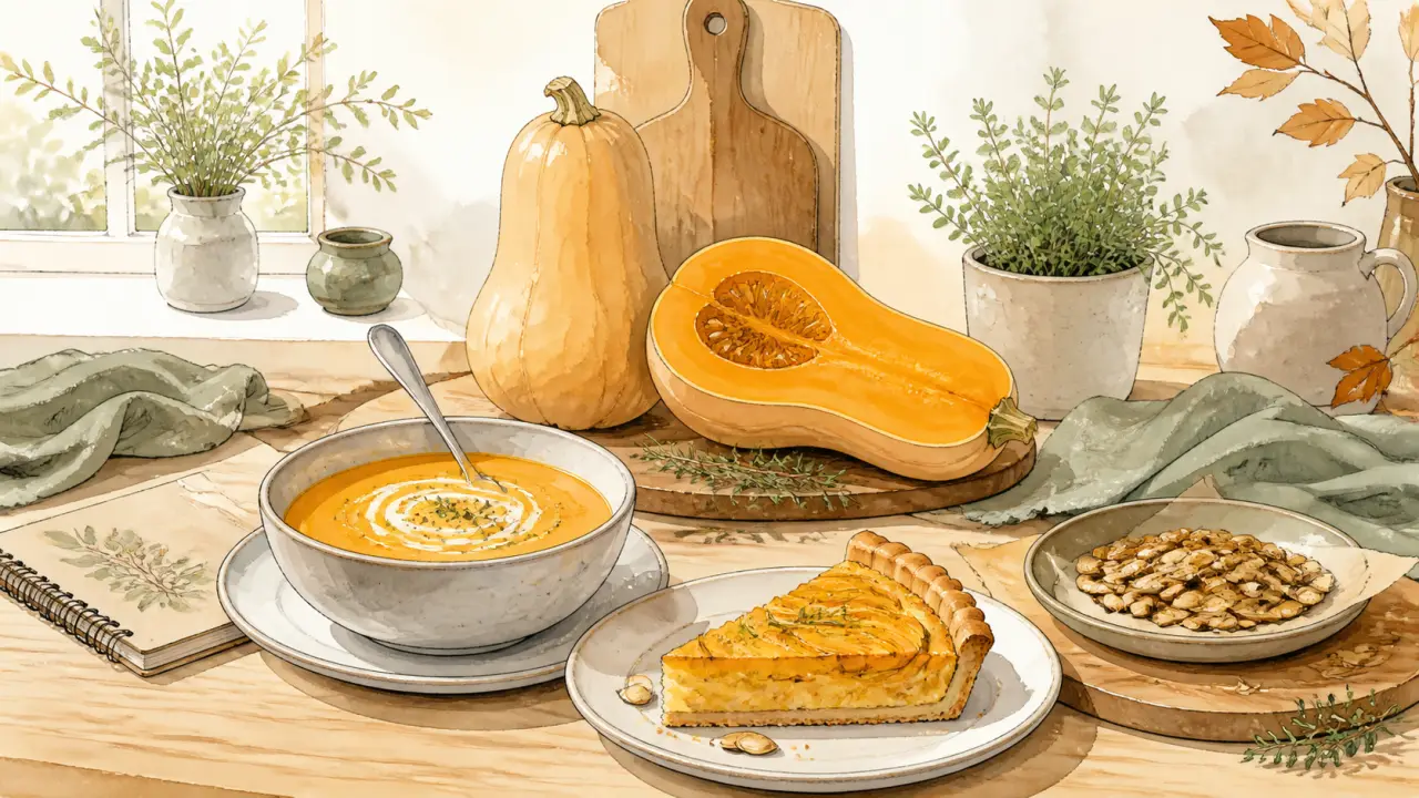 Illustration aquarelle d'une butternut, d'une soupe, d'une tarte et de graines grillées sur fond de cuisine chaleureuse