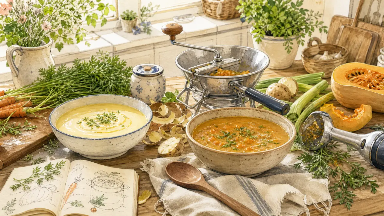 Illustration aquarelle d'une cuisine rustique avec des légumes de saison et une soupe maison