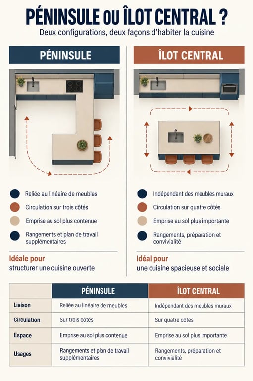 Infographie comparative entre une péninsule de cuisine et un îlot central