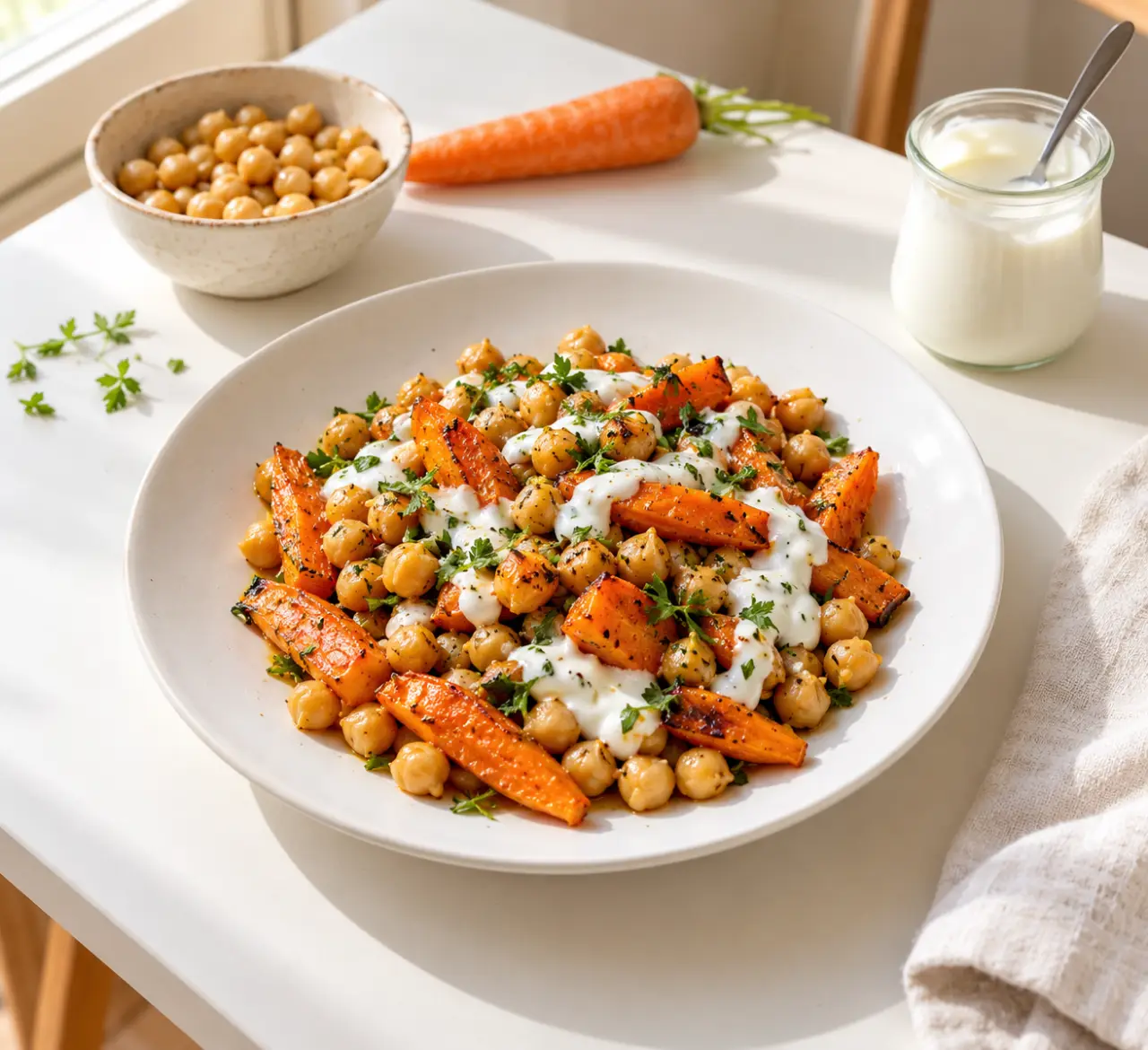 Recettes étudiantes faciles : salade de pois chiches, carotte et sauce au yaourt