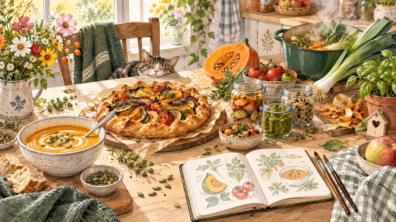 Table de cuisine avec une tarte maison, un bol de soupe et des légumes de saison