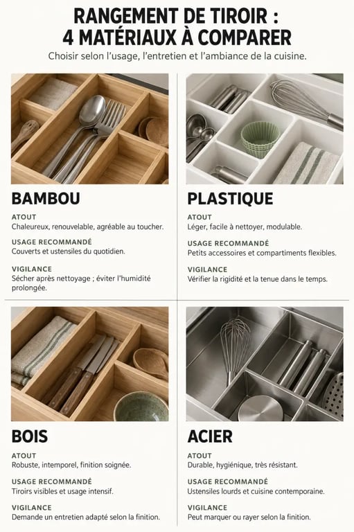 Comparaison visuelle des matériaux pour un rangement tiroir de cuisine