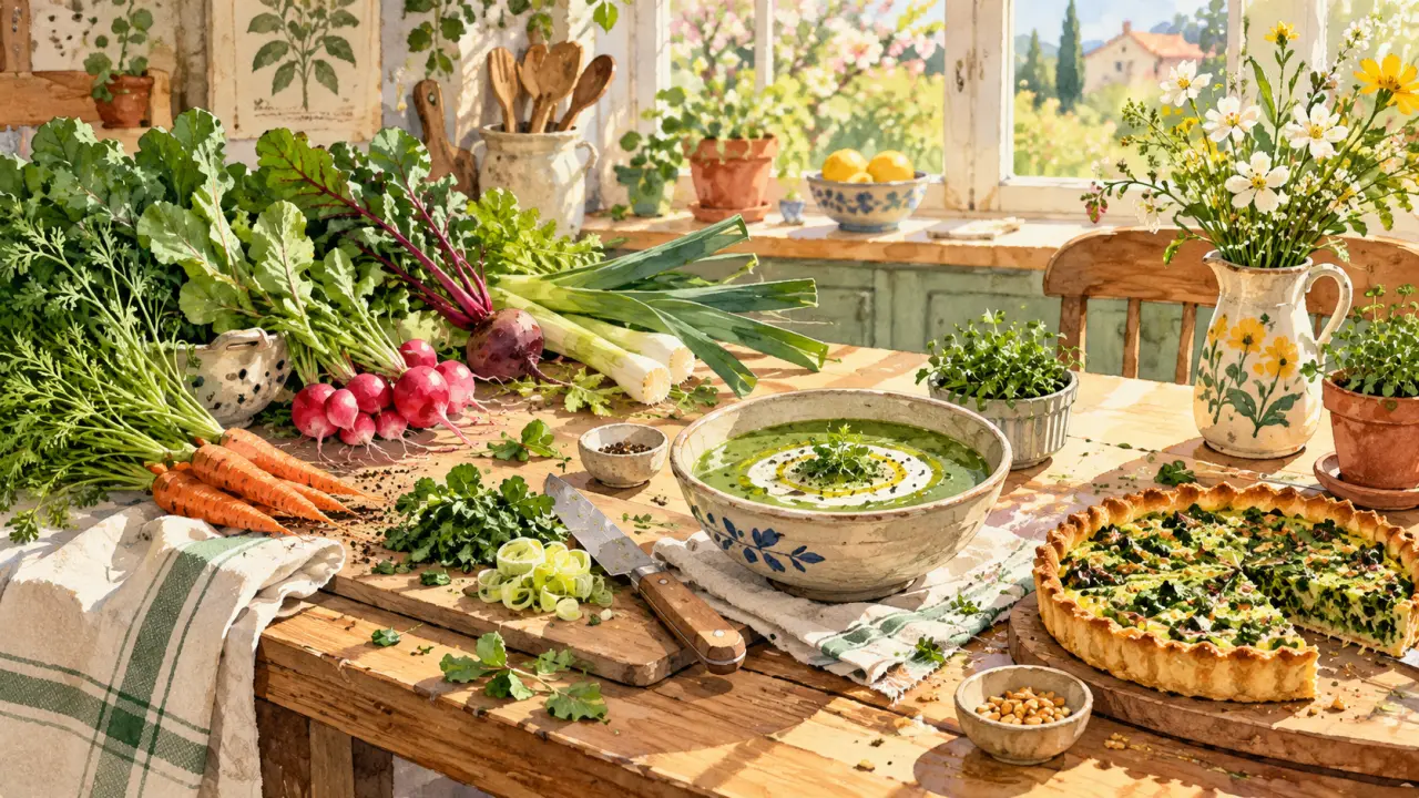 Fanes de légumes frais d’avril sur une table de cuisine