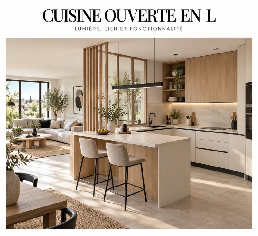 Cuisine ouverte avec péninsule de cuisine rectangulaire et plan snack