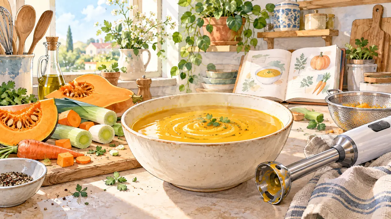 Velouté de légumes maison dans un bol, illustré dans un style aquarelle