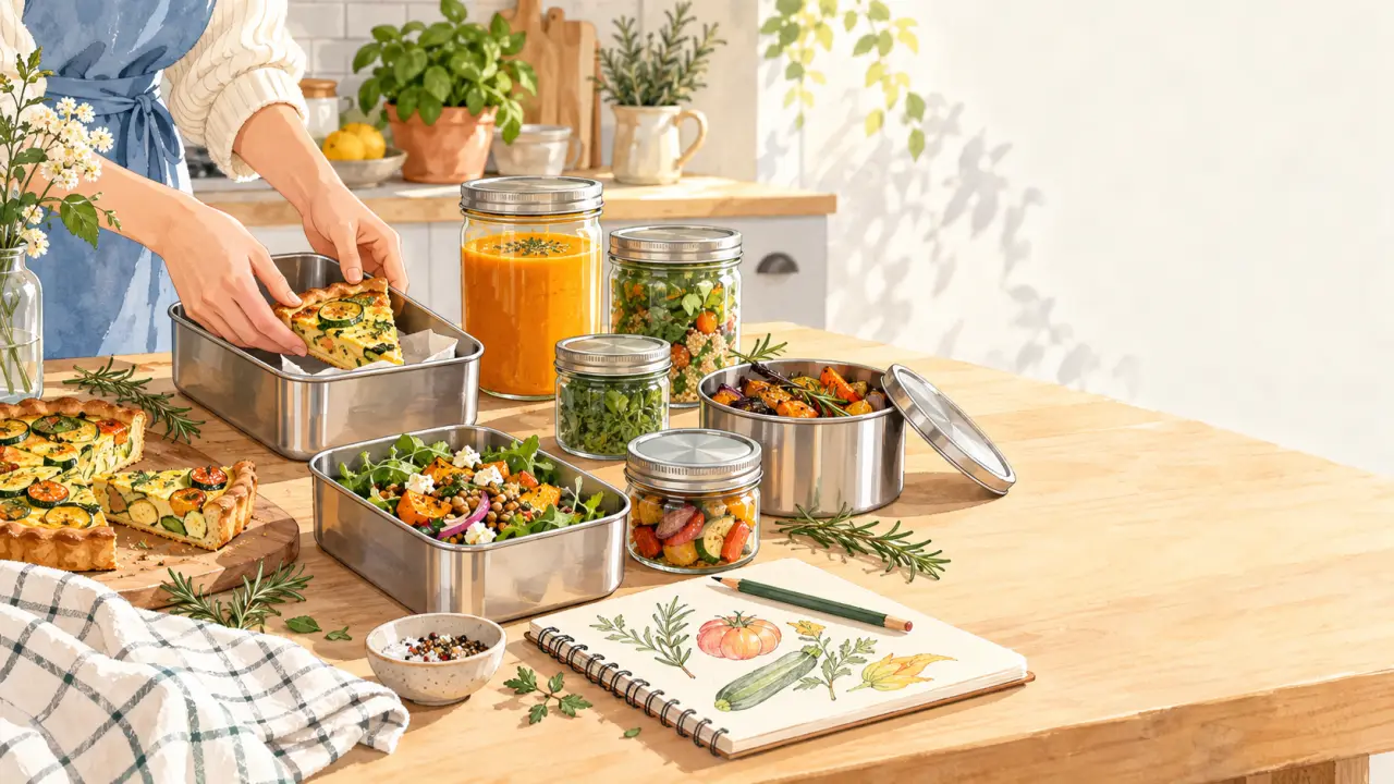 Bocaux en verre et boîtes en inox remplis de restes cuisinés sur une table en bois