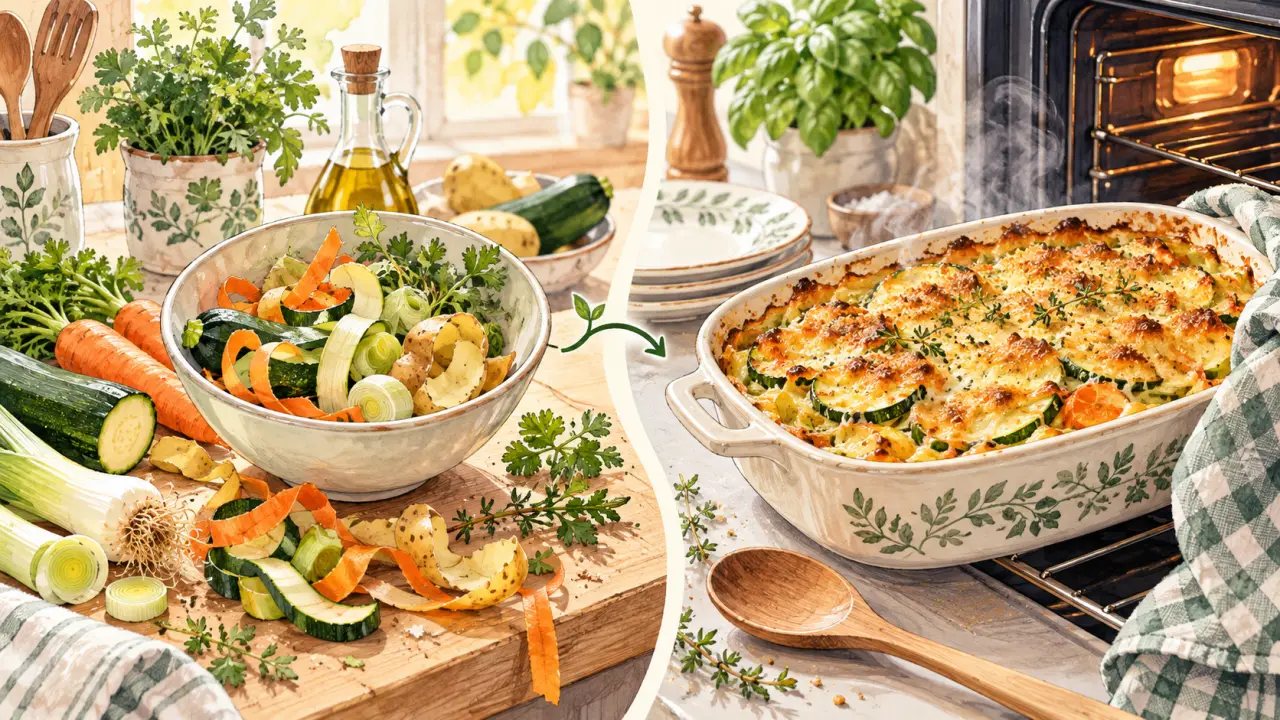Gratin doré préparé avec des restes de légumes, dans un plat en céramique