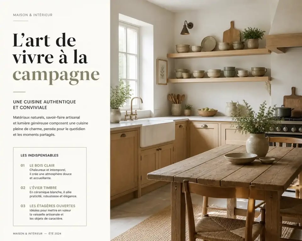 Cuisine maison de campagne avec évier timbre et bois naturel